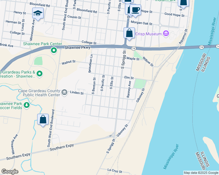map of restaurants, bars, coffee shops, grocery stores, and more near 1001 South Ellis Street in Cape Girardeau