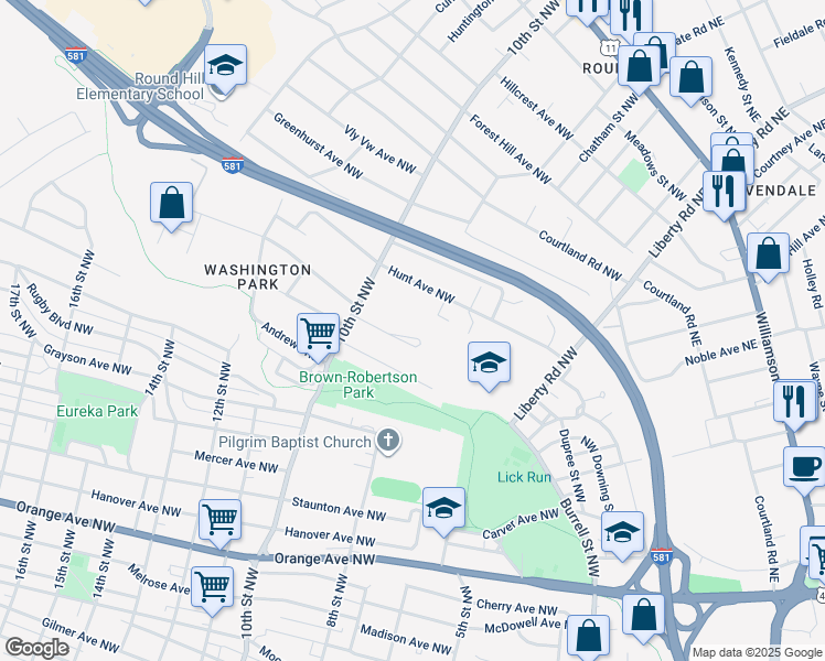 map of restaurants, bars, coffee shops, grocery stores, and more near 913 Rockland Avenue Northwest in Roanoke