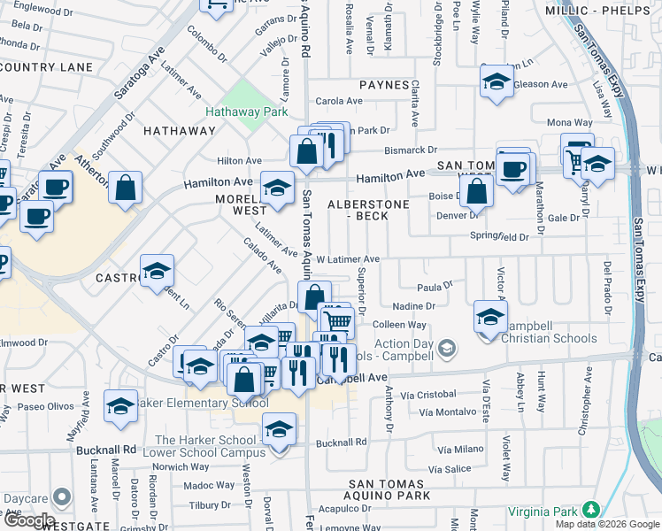 map of restaurants, bars, coffee shops, grocery stores, and more near 268 San Tomas Aquino Road in Campbell