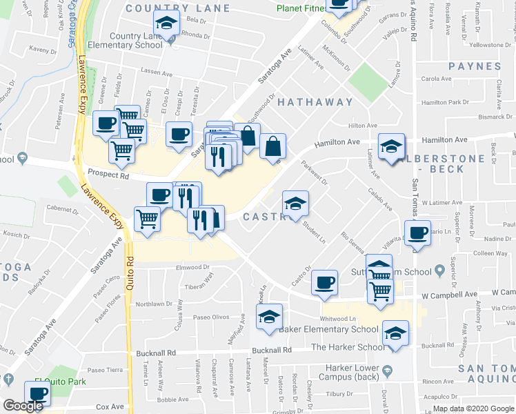 map of restaurants, bars, coffee shops, grocery stores, and more near 1762 Duvall Drive in San Jose