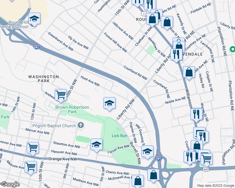 map of restaurants, bars, coffee shops, grocery stores, and more near 705 Hunt Ave NW in Roanoke