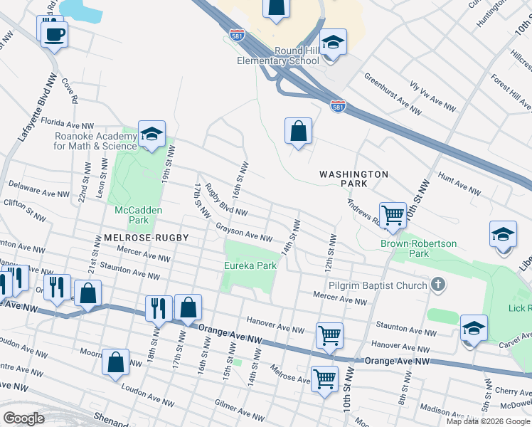 map of restaurants, bars, coffee shops, grocery stores, and more near 1424 Rugby Boulevard Northwest in Roanoke