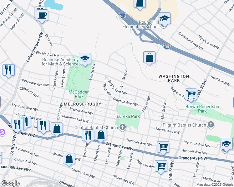 map of restaurants, bars, coffee shops, grocery stores, and more near 1601 Grayson Avenue Northwest in Roanoke