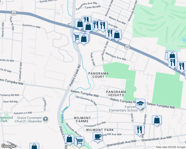 map of restaurants, bars, coffee shops, grocery stores, and more near 817 Westside Boulevard Northwest in Roanoke