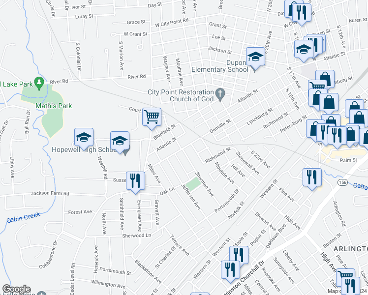 map of restaurants, bars, coffee shops, grocery stores, and more near 401 Sherman Avenue in Hopewell