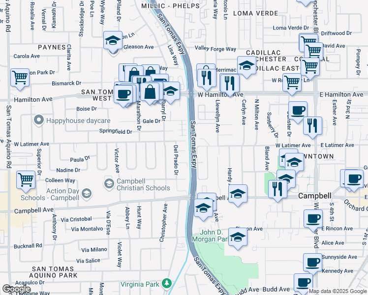 map of restaurants, bars, coffee shops, grocery stores, and more near 649 Del Roy Court in Campbell