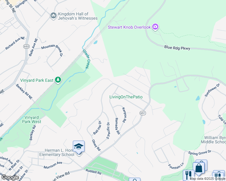 map of restaurants, bars, coffee shops, grocery stores, and more near 620 Ramada Road in Vinton