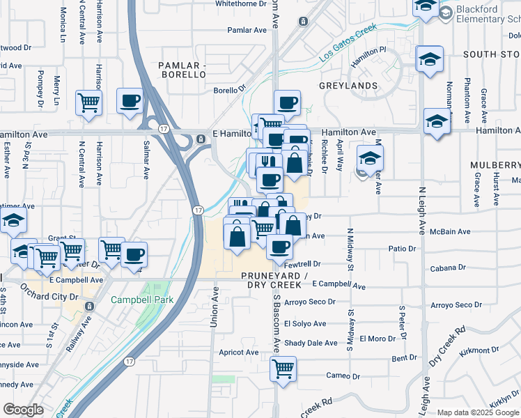 map of restaurants, bars, coffee shops, grocery stores, and more near 912 Campisi Way in Campbell