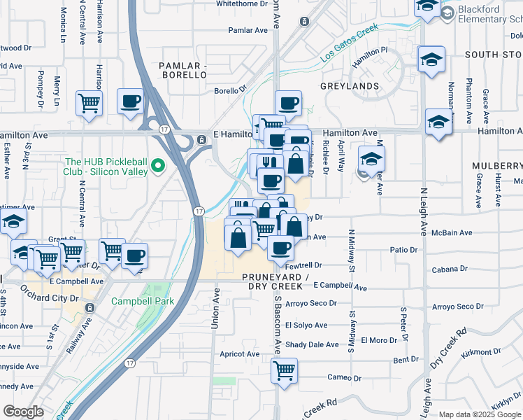 map of restaurants, bars, coffee shops, grocery stores, and more near 912 Campisi Way in Campbell