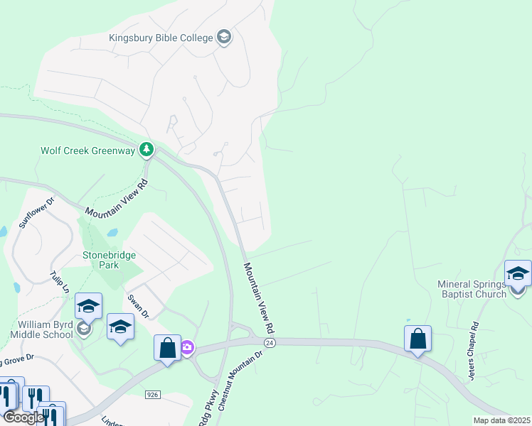 map of restaurants, bars, coffee shops, grocery stores, and more near 2705 Paddington Station Lane in Vinton