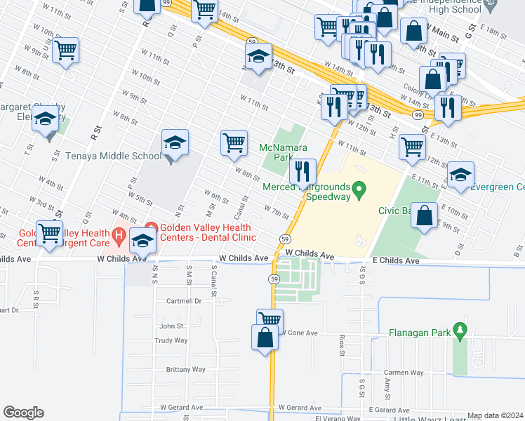 map of restaurants, bars, coffee shops, grocery stores, and more near 400 West 7th Street in Merced