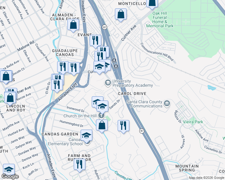 map of restaurants, bars, coffee shops, grocery stores, and more near 707 Mill Stream Drive in San Jose