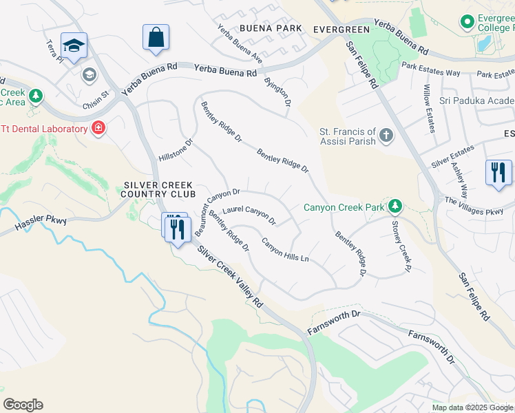 map of restaurants, bars, coffee shops, grocery stores, and more near 5336 Laurel Canyon Drive in San Jose