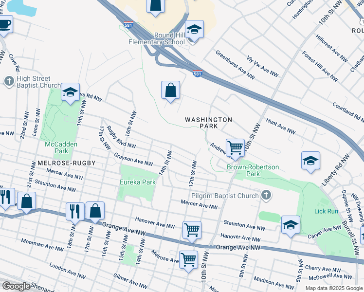 map of restaurants, bars, coffee shops, grocery stores, and more near 1231 Syracuse Avenue Northwest in Roanoke