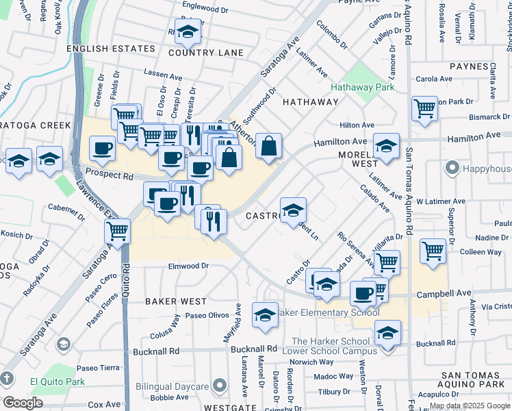 map of restaurants, bars, coffee shops, grocery stores, and more near 4810 Hamilton Avenue in San Jose
