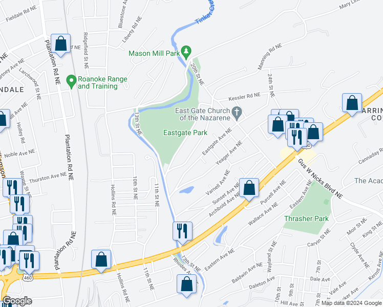 map of restaurants, bars, coffee shops, grocery stores, and more near 1502 Eastgate Avenue Northeast in Roanoke