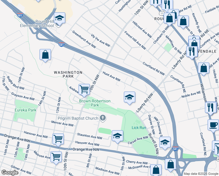 map of restaurants, bars, coffee shops, grocery stores, and more near 913 Rockland Avenue Northwest in Roanoke