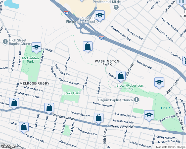 map of restaurants, bars, coffee shops, grocery stores, and more near 1231 Syracuse Avenue Northwest in Roanoke