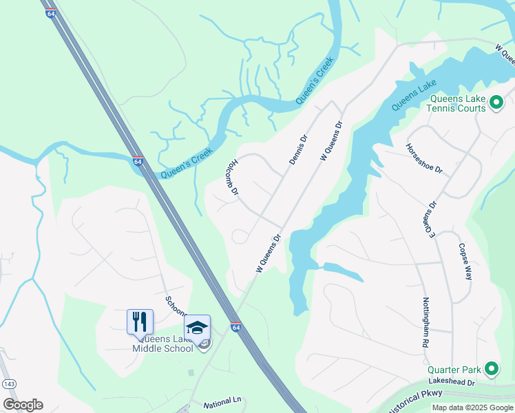 map of restaurants, bars, coffee shops, grocery stores, and more near 156 Dennis Drive in Williamsburg