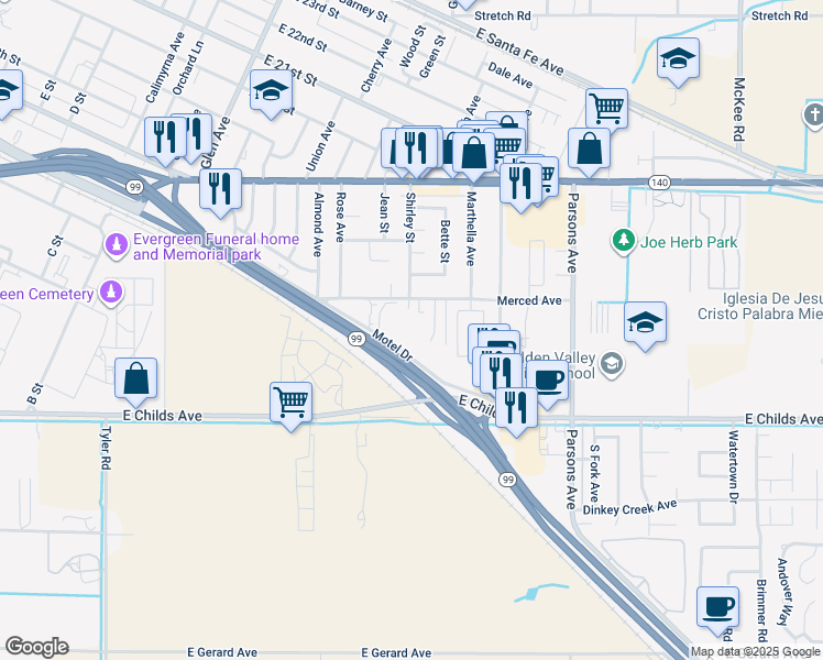 map of restaurants, bars, coffee shops, grocery stores, and more near 1608 Merced Avenue in Merced