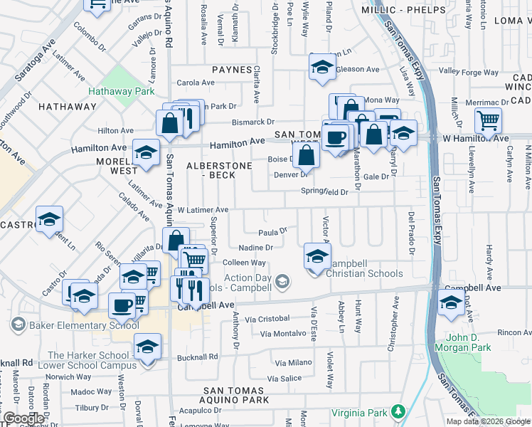 map of restaurants, bars, coffee shops, grocery stores, and more near 1204 West Latimer Avenue in Campbell