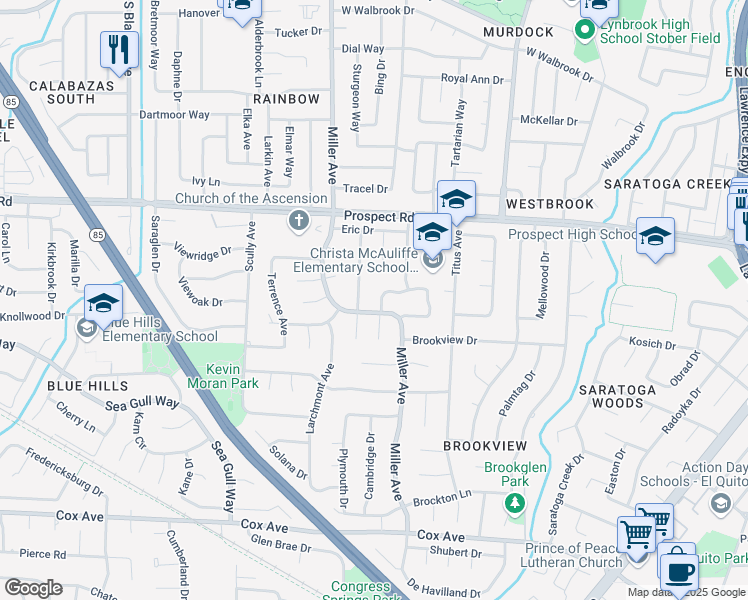 map of restaurants, bars, coffee shops, grocery stores, and more near 19467 Melinda Circle in Saratoga