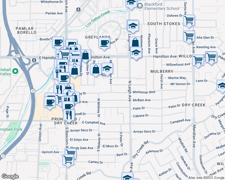 map of restaurants, bars, coffee shops, grocery stores, and more near 248 Manchester Avenue in Campbell