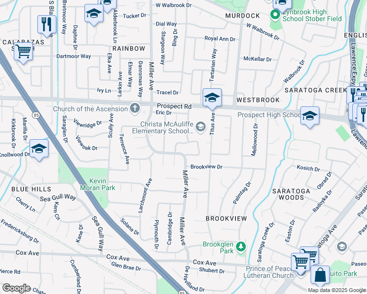 map of restaurants, bars, coffee shops, grocery stores, and more near 12288 Miller Avenue in Saratoga