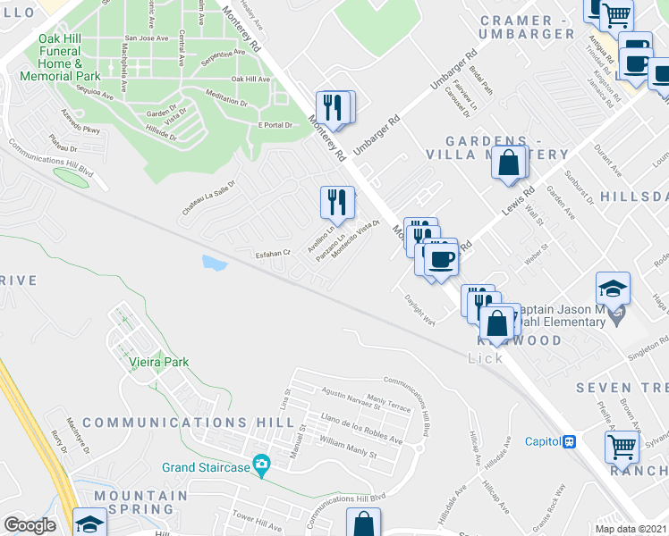 map of restaurants, bars, coffee shops, grocery stores, and more near 86 Montecito Vista Drive in San Jose