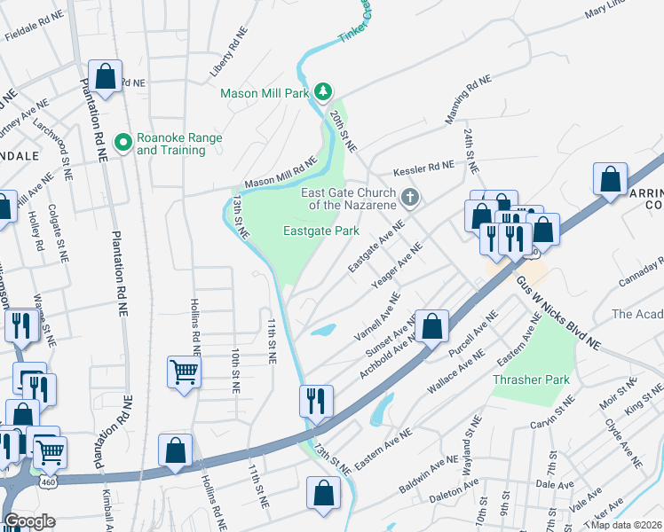 map of restaurants, bars, coffee shops, grocery stores, and more near 1502 Eastgate Avenue Northeast in Roanoke