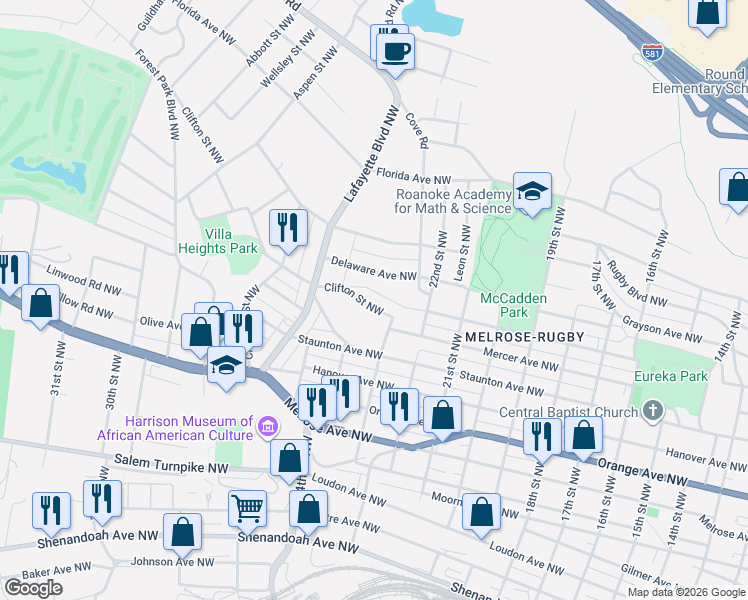 map of restaurants, bars, coffee shops, grocery stores, and more near 2402 Clifton Street Northwest in Roanoke