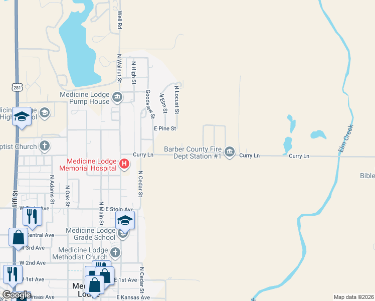 map of restaurants, bars, coffee shops, grocery stores, and more near 500 Curry Lane in Medicine Lodge