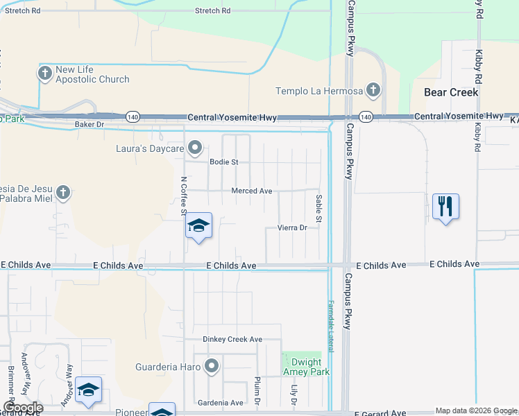 map of restaurants, bars, coffee shops, grocery stores, and more near 117 Dylan Court in Merced