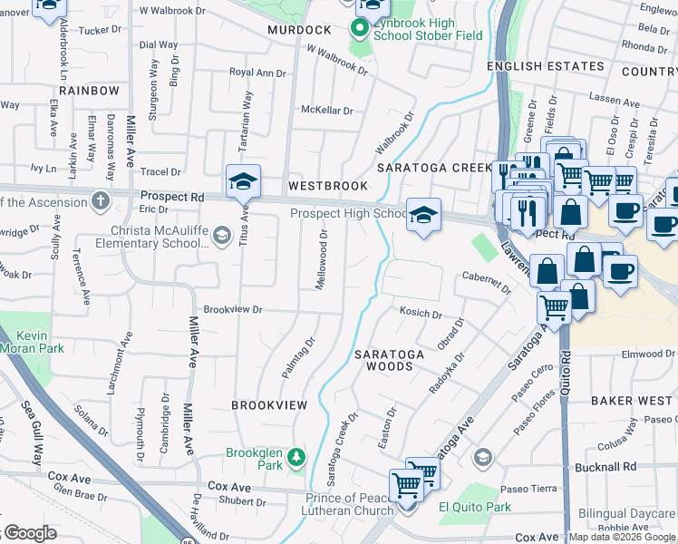 map of restaurants, bars, coffee shops, grocery stores, and more near 12240 Mellowood Drive in Saratoga