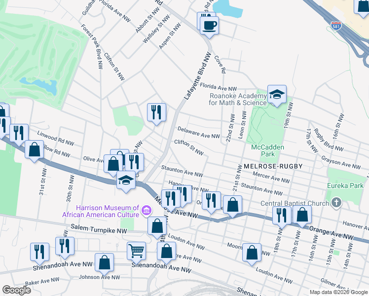 map of restaurants, bars, coffee shops, grocery stores, and more near 2402 Clifton Street Northwest in Roanoke