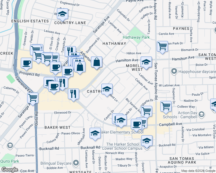 map of restaurants, bars, coffee shops, grocery stores, and more near 1740 Fallbrook Avenue in San Jose