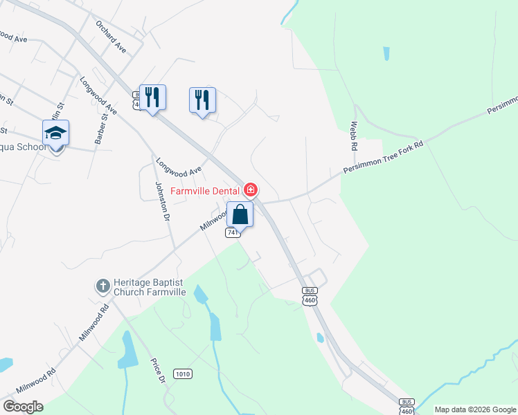 map of restaurants, bars, coffee shops, grocery stores, and more near 101 Milnwood Road in Farmville