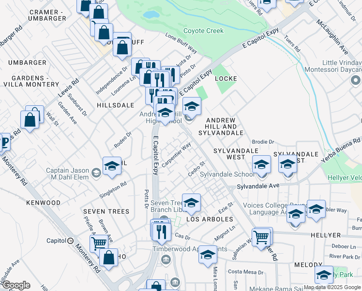 map of restaurants, bars, coffee shops, grocery stores, and more near 572 Groth Drive in San Jose