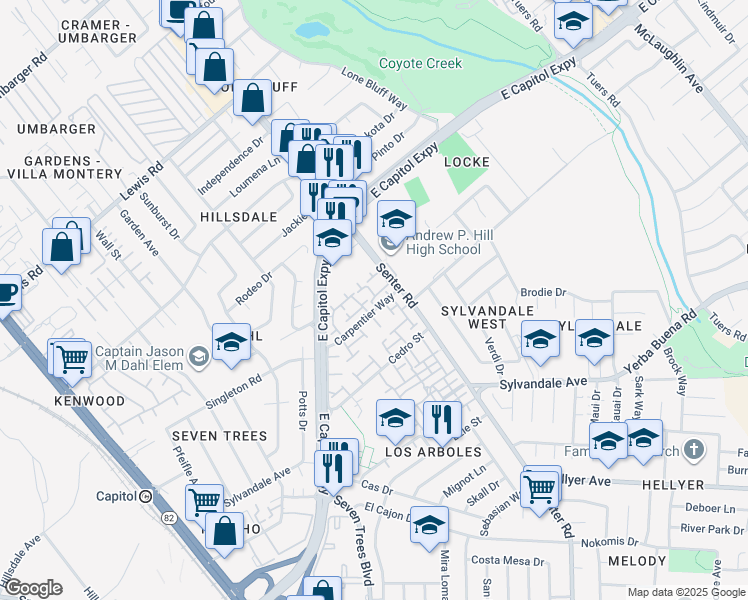 map of restaurants, bars, coffee shops, grocery stores, and more near 572 Groth Drive in San Jose