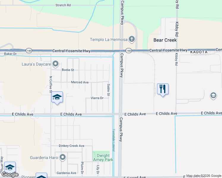 map of restaurants, bars, coffee shops, grocery stores, and more near 126 Sable Street in Merced