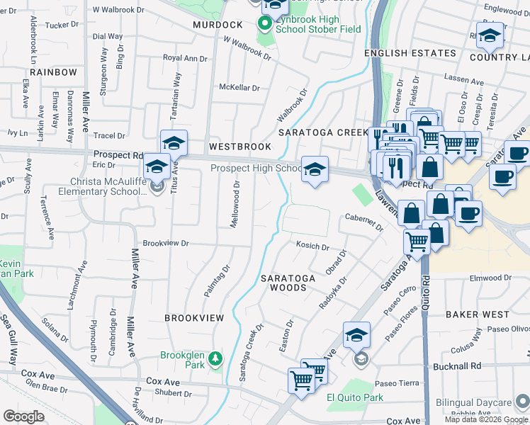 map of restaurants, bars, coffee shops, grocery stores, and more near 18960 Greenbrook Court in Saratoga