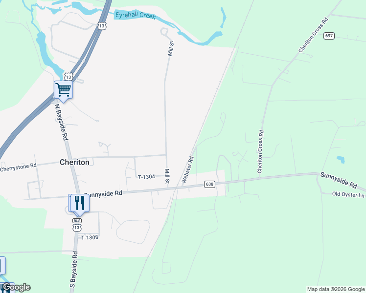 map of restaurants, bars, coffee shops, grocery stores, and more near 21187 Mill Street in Cape Charles