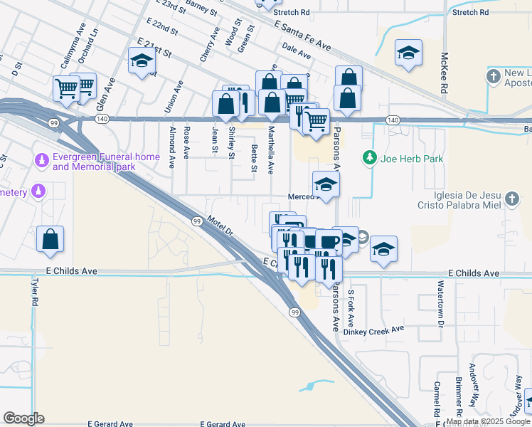 map of restaurants, bars, coffee shops, grocery stores, and more near 1792 Merced Avenue in Merced