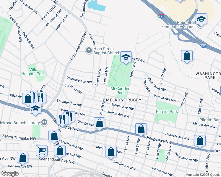 map of restaurants, bars, coffee shops, grocery stores, and more near 1101 21st Street Northwest in Roanoke