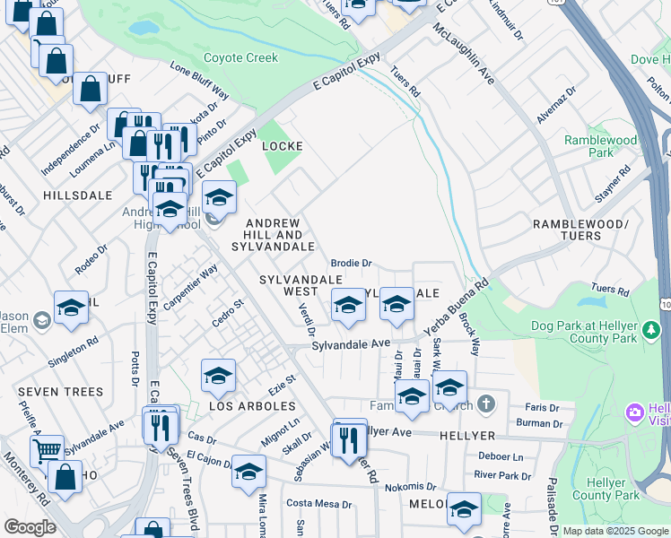 map of restaurants, bars, coffee shops, grocery stores, and more near 3647 Clear Brook Court in San Jose