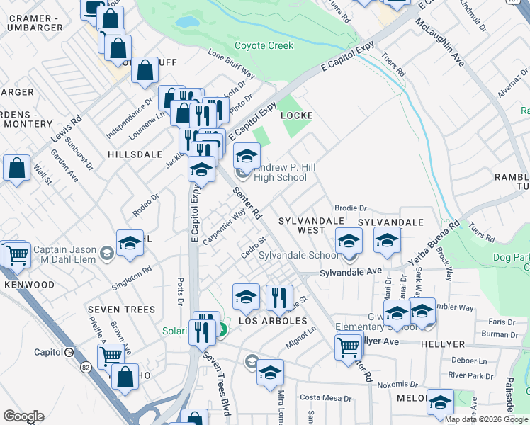 map of restaurants, bars, coffee shops, grocery stores, and more near 3391 Senter Road in San Jose