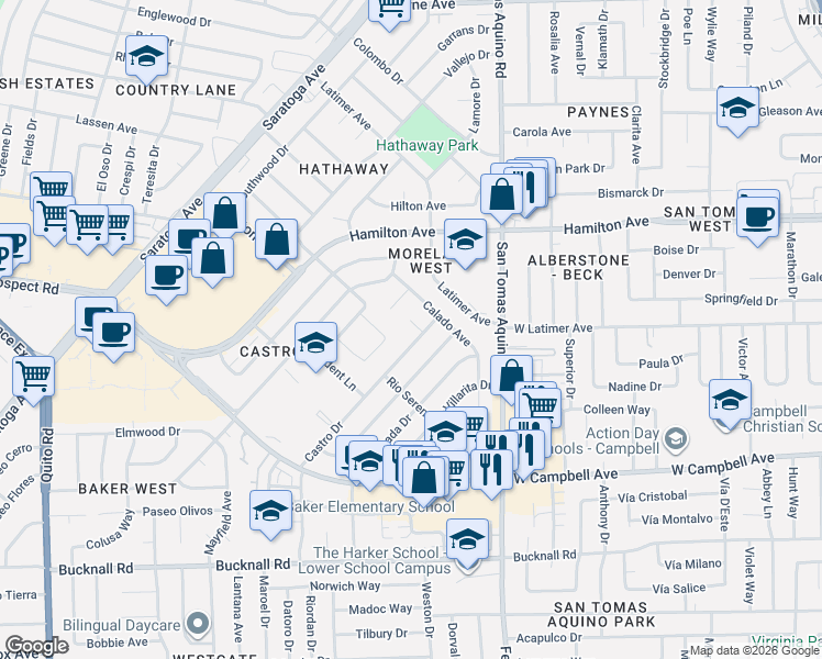map of restaurants, bars, coffee shops, grocery stores, and more near 1756 Castro Drive in San Jose