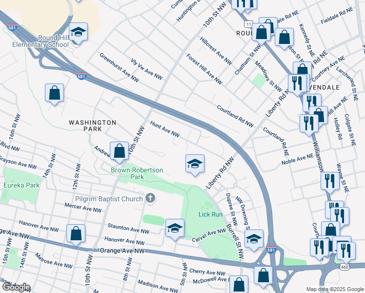 map of restaurants, bars, coffee shops, grocery stores, and more near 831 Rockland Ave NW in Roanoke
