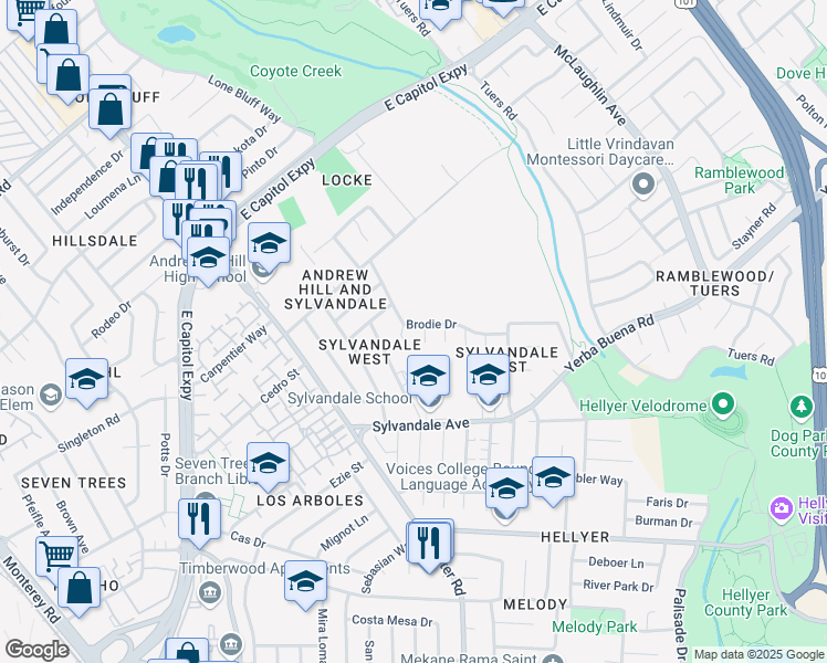 map of restaurants, bars, coffee shops, grocery stores, and more near 3647 Clear Brook Court in San Jose