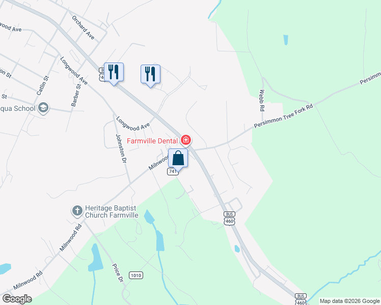 map of restaurants, bars, coffee shops, grocery stores, and more near 101-135 Milnwood Road in Farmville